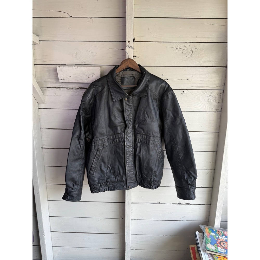 Vintage Black Genuine Leather Bomber Jacket Mens Large Quilted Lined Full Zip